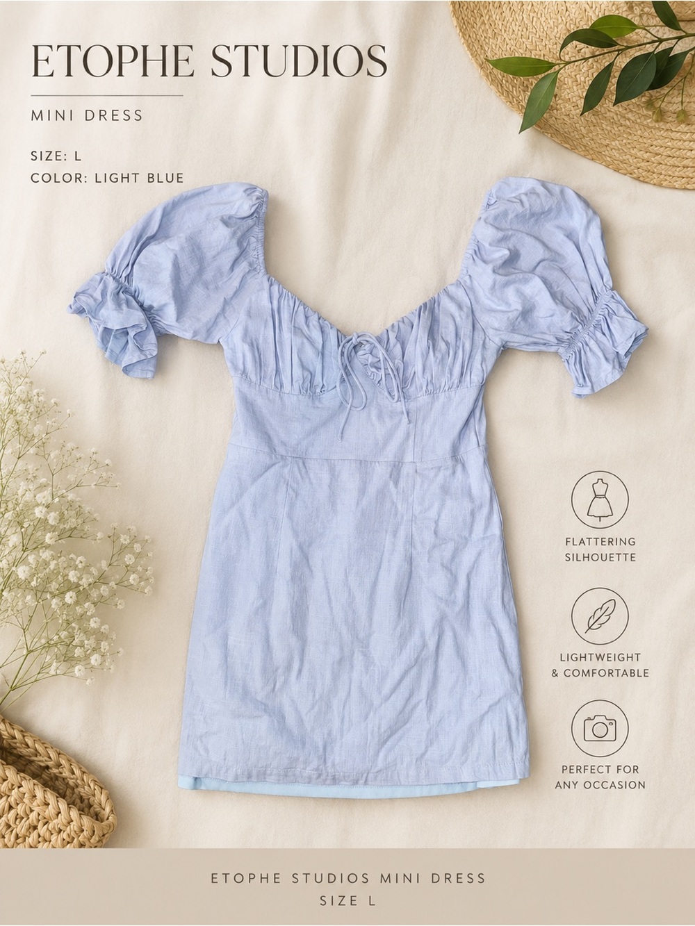 Etophe Studios Light Blue Mini Dress with Puff Sleeves